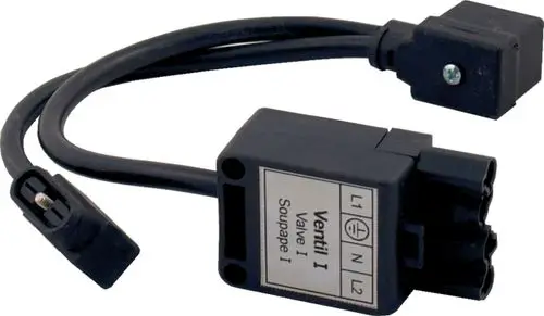 Ventilkabel für Gaskombiventil von Wolf, ausgestattet mit mehreren Anschlusssteckern und einem Gehäuse zur Verbindung mit Heizungssteuerungen.